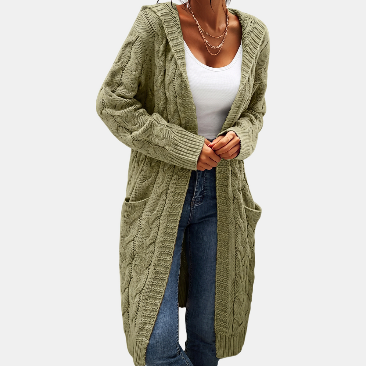 Women's Hooded Cable Knit Open Front Cardigan Sweater
