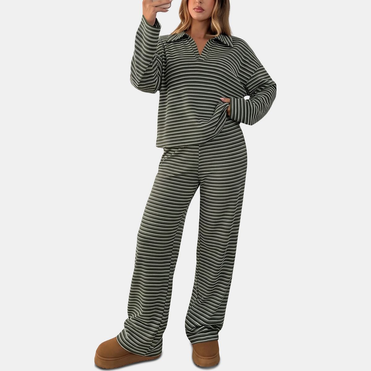 Women's Pajama Sets Striped Spread Collar Wide Leg Lounge Set