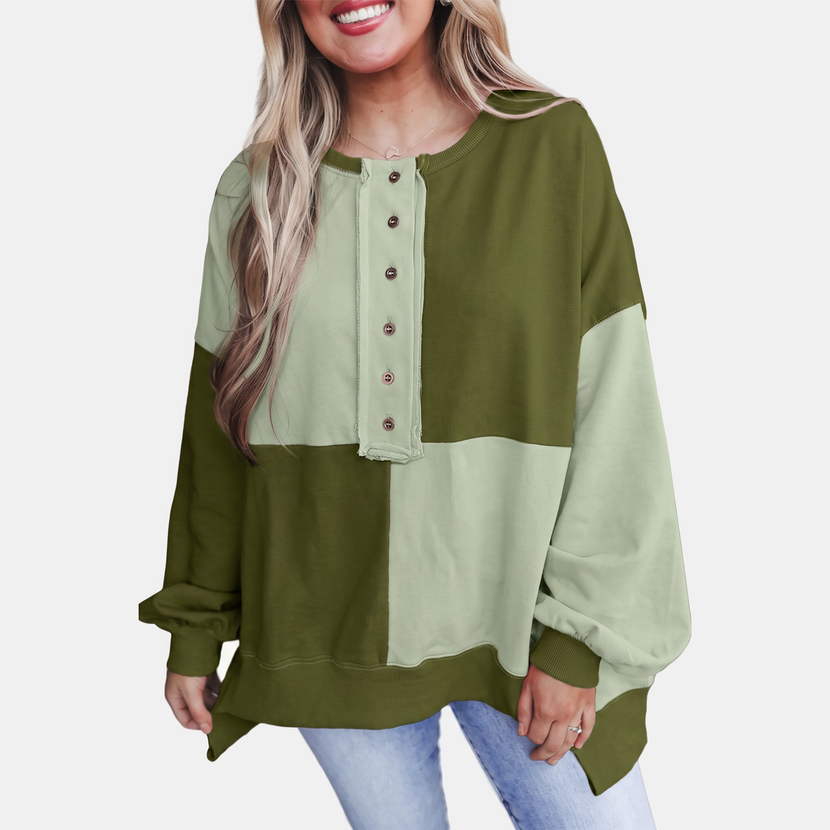 Women's Oversized Crewneck Sweatshirt with Button Placket and Side Slits