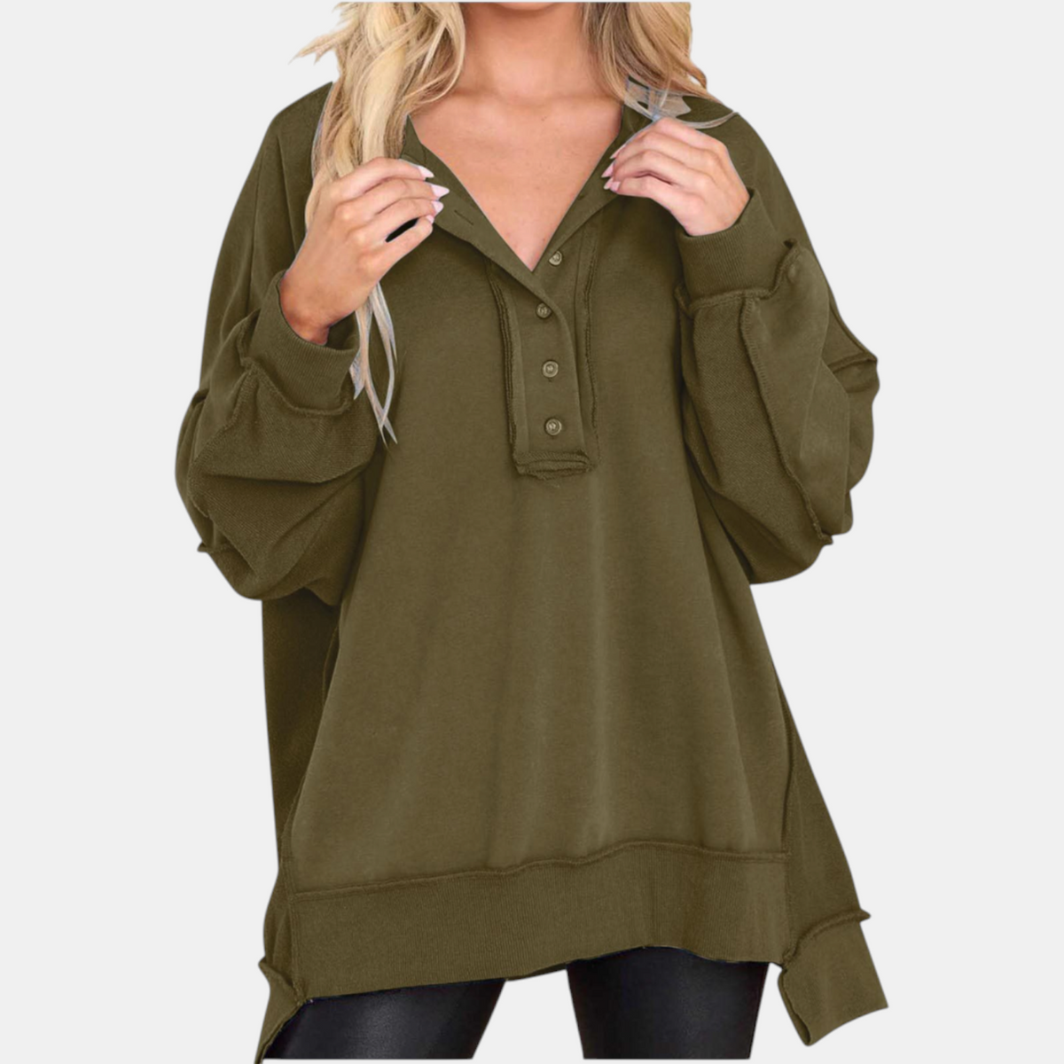 Women's Oversized Button Henley Sweatshirt with High Low Hem