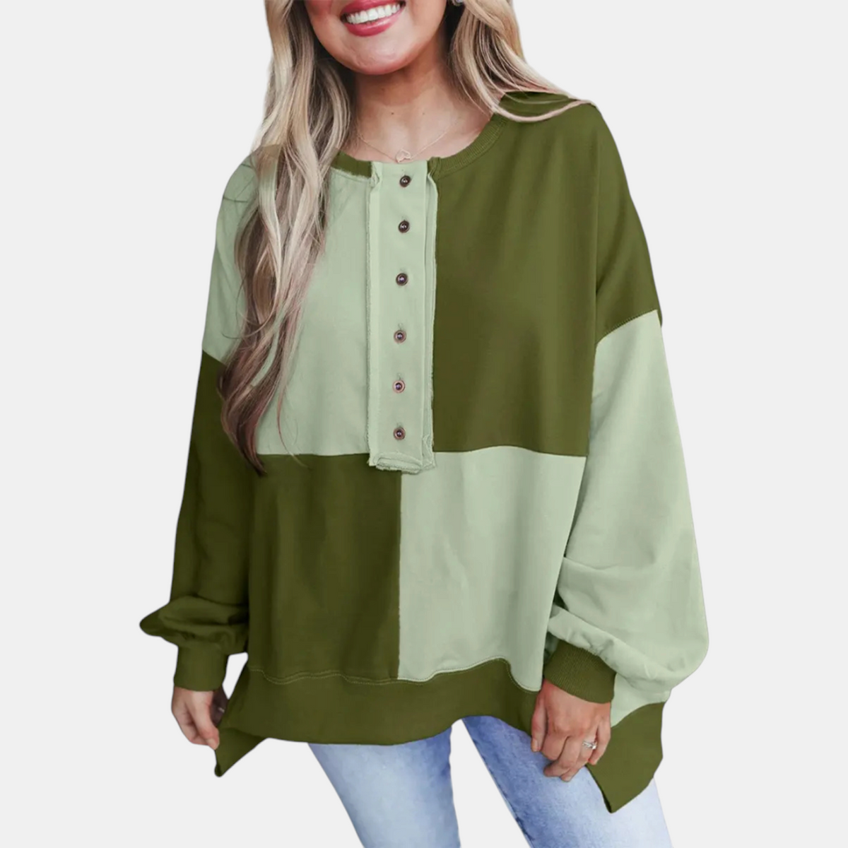 Women's Oversized Half Button Placket Colour Block Sweatshirt