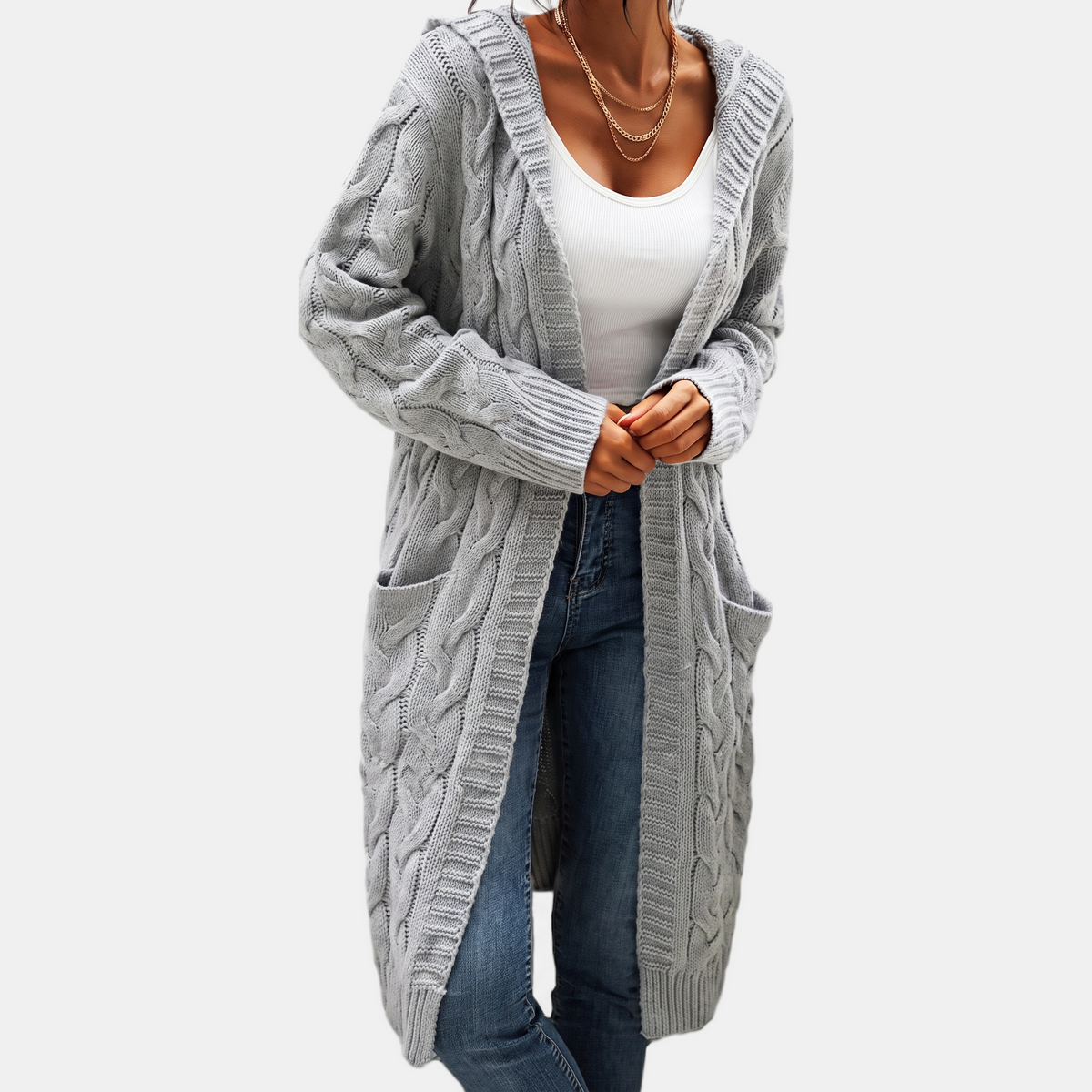 Women's Hooded Cable Knit Open Front Cardigan Sweater