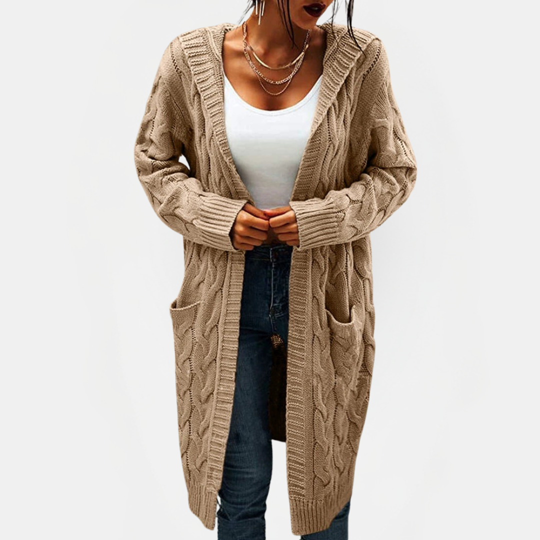 Women's Hooded Cable Knit Open Front Cardigan Sweater