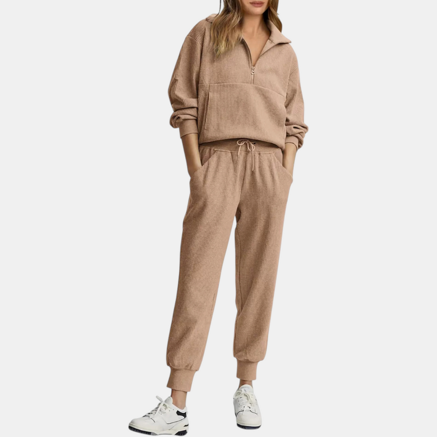 Women's Half Zip Ribbed Knit Lounge Set Pullover and Jogger Pants