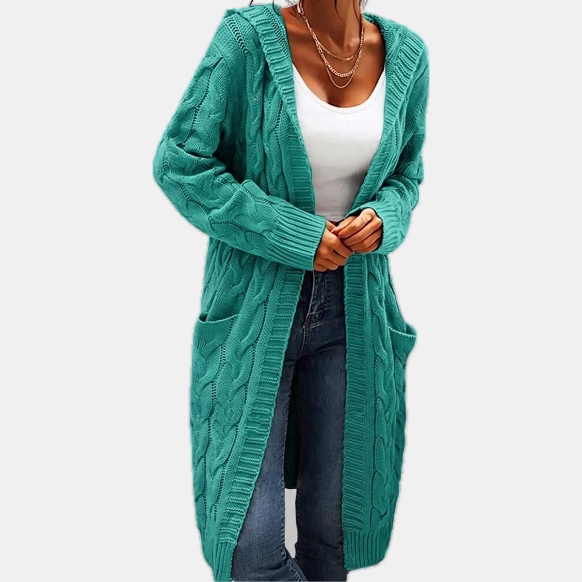 Women's Hooded Cable Knit Open Front Cardigan Sweater