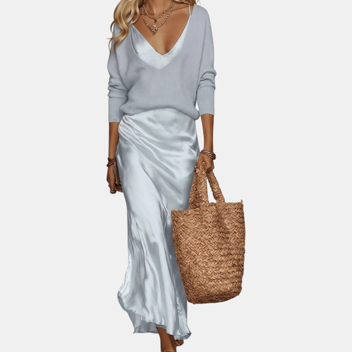 Women's Satin Bias Cut Midi Skirt Knit Sweater Two Piece Set