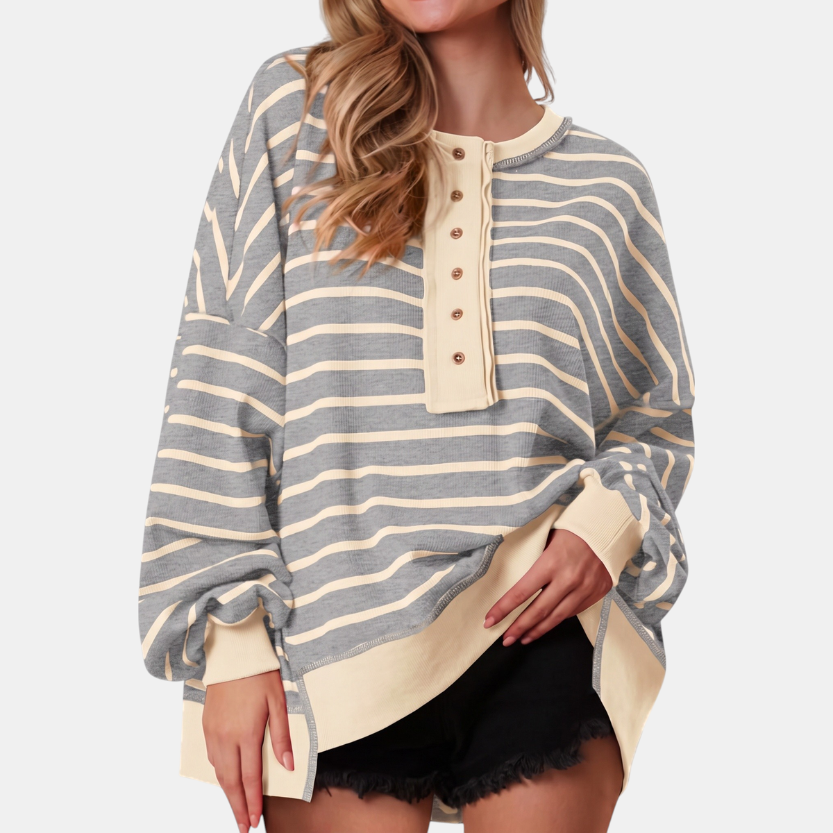 Women's Oversized Waffle Knit Henley Button Front Sweater