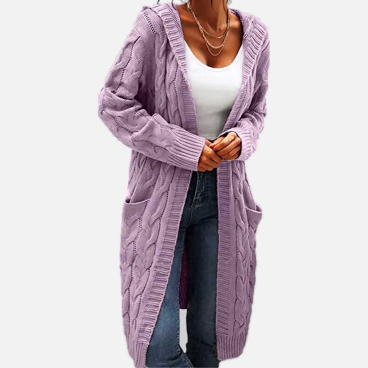 Women's Hooded Cable Knit Open Front Cardigan Sweater