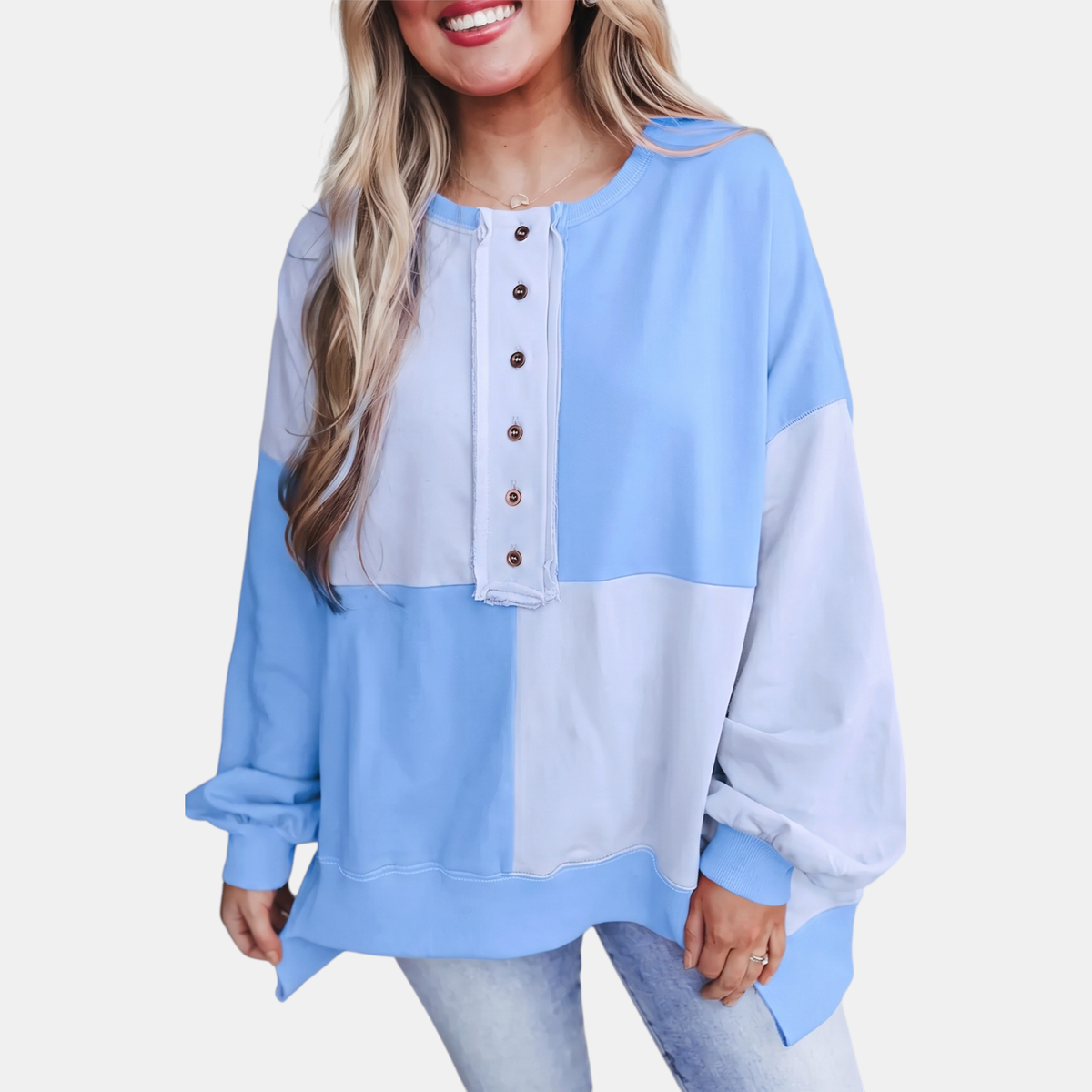 Women's Oversized Crewneck Sweatshirt with Button Placket and Side Slits