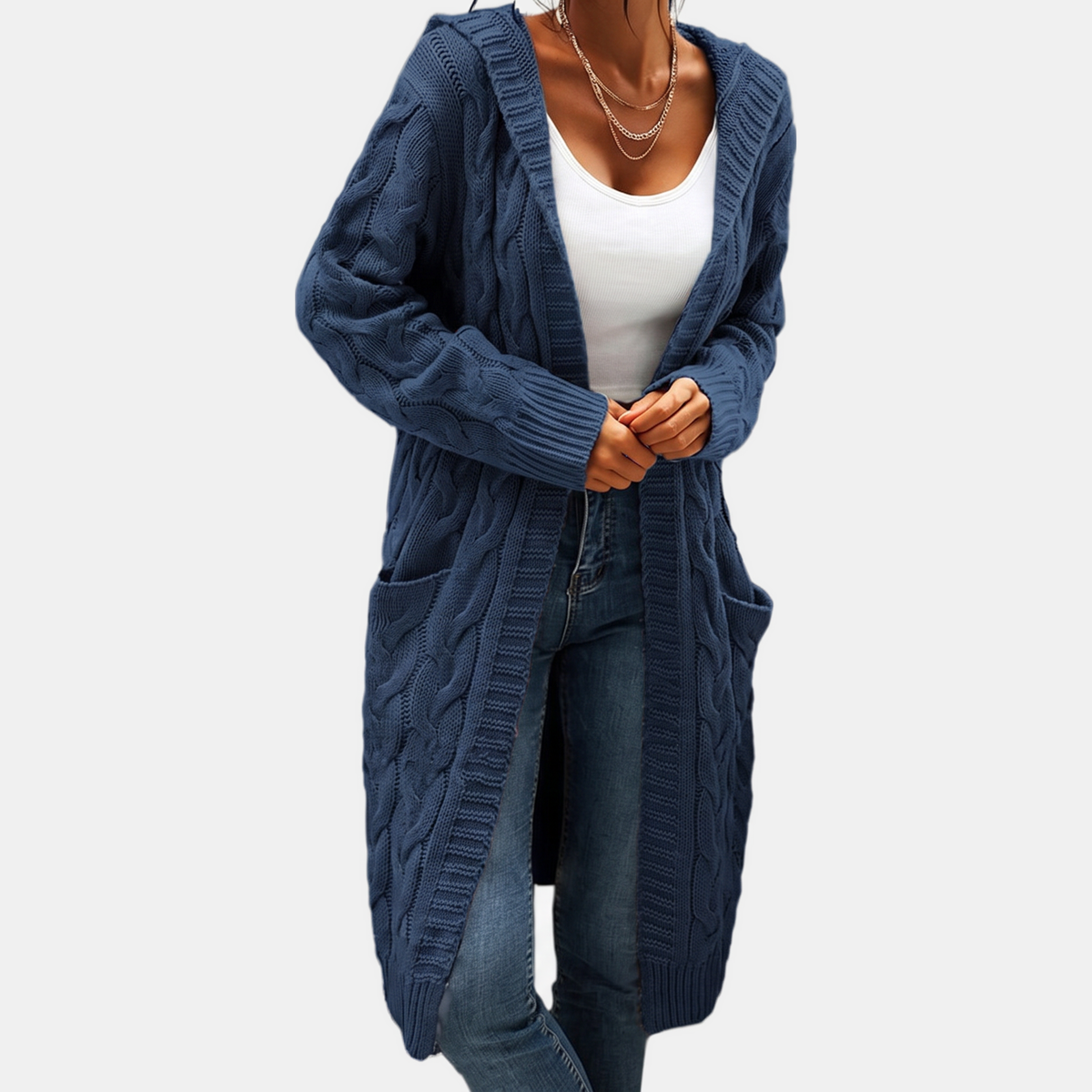 Women's Hooded Cable Knit Open Front Cardigan Sweater