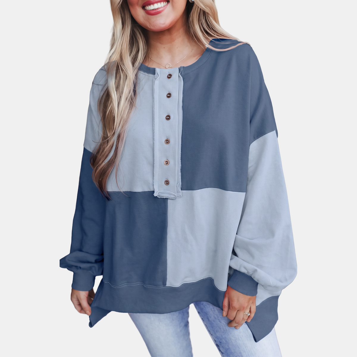 Women's Oversized Crewneck Sweatshirt with Button Placket and Side Slits