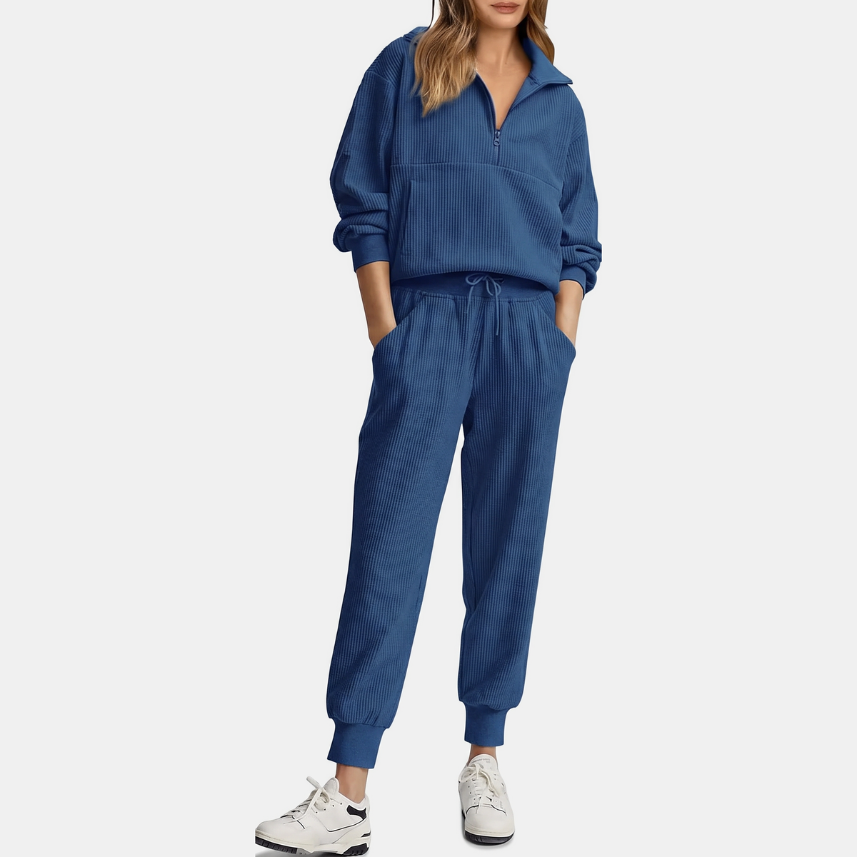Women's Half Zip Ribbed Knit Lounge Set Pullover and Jogger Pants