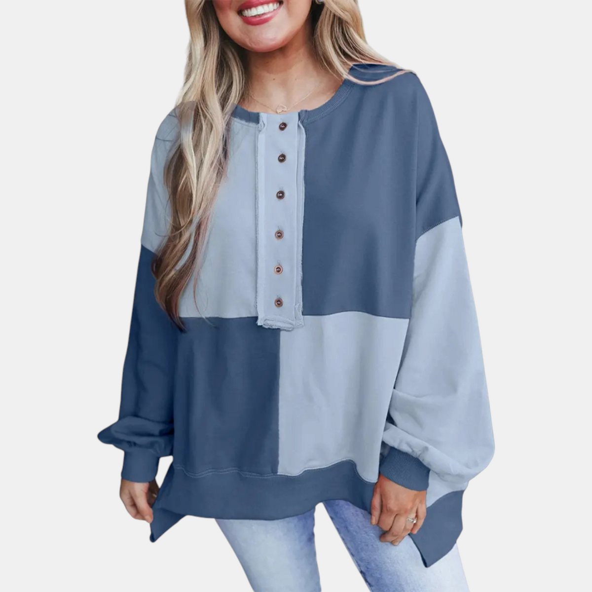 Women's Oversized Half Button Placket Colour Block Sweatshirt