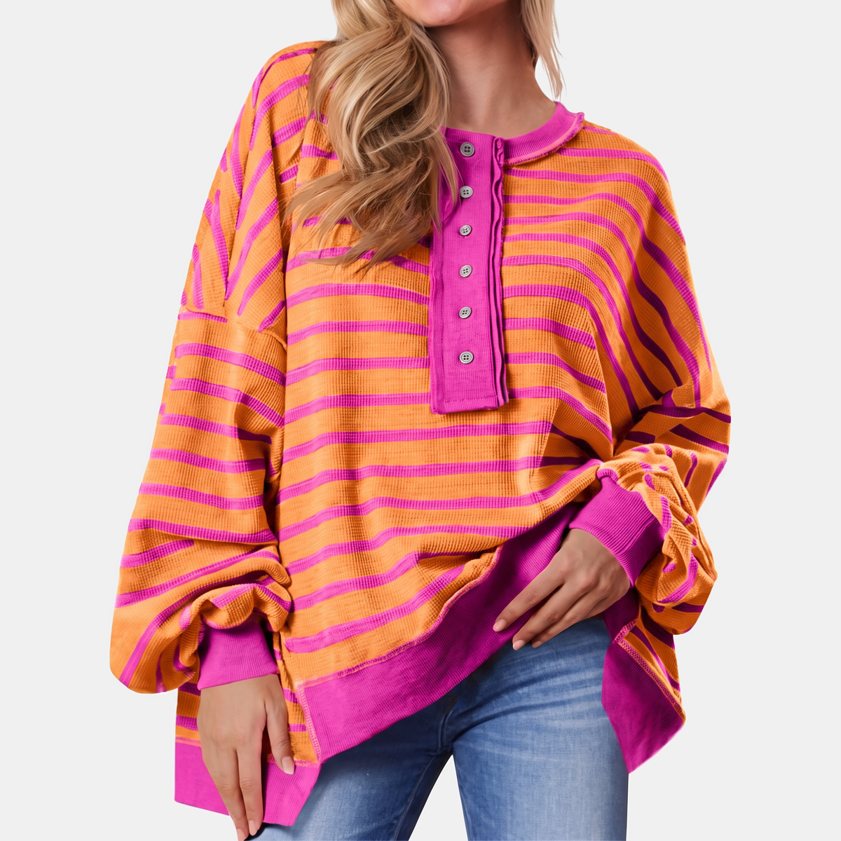 Women's Oversized Waffle Knit Henley Button Front Sweater