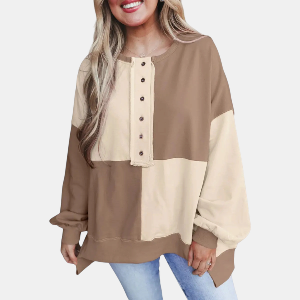 Women's Oversized Half Button Placket Colour Block Sweatshirt