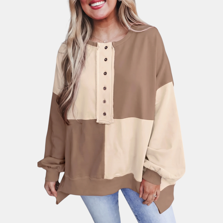 Women's Oversized Crewneck Sweatshirt with Button Placket and Side Slits