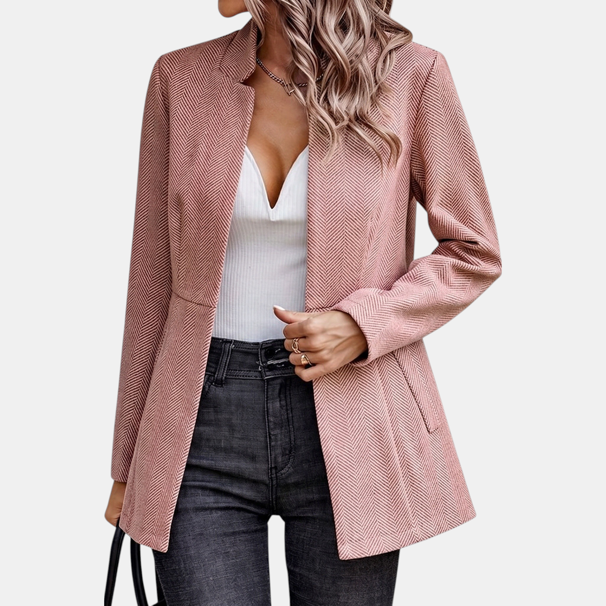 Women's Herringbone Open Front Notch Lapel Blazer Jacket