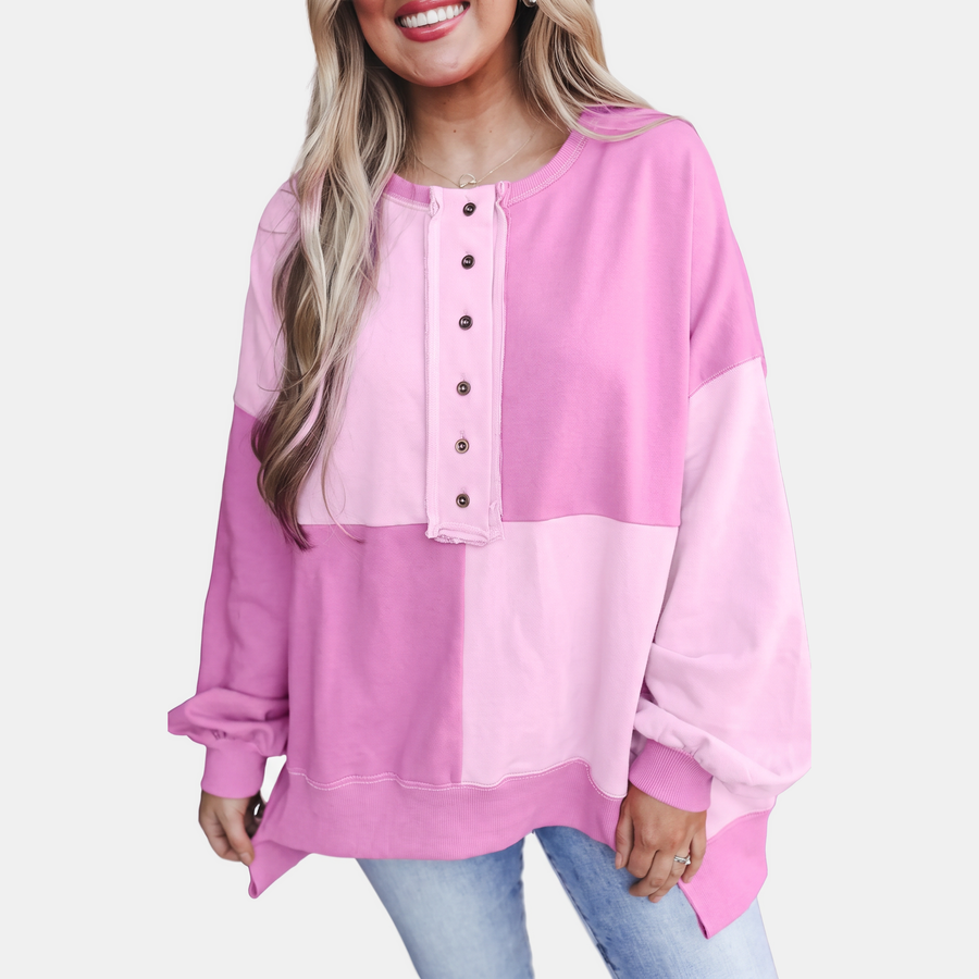 Women's Oversized Crewneck Sweatshirt with Button Placket and Side Slits