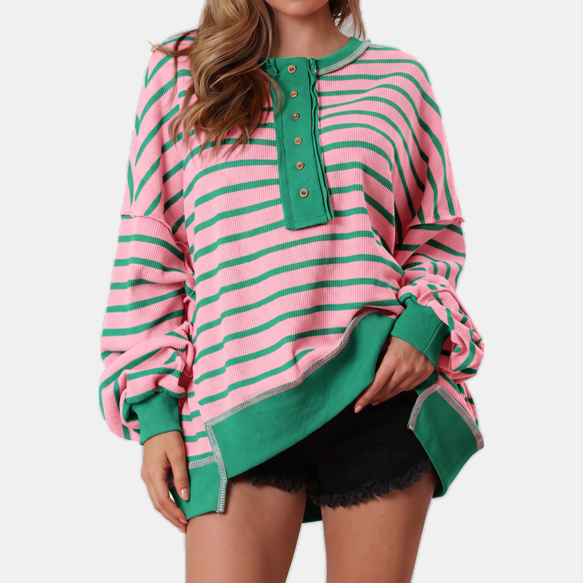 Women's Oversized Waffle Knit Henley Button Front Sweater