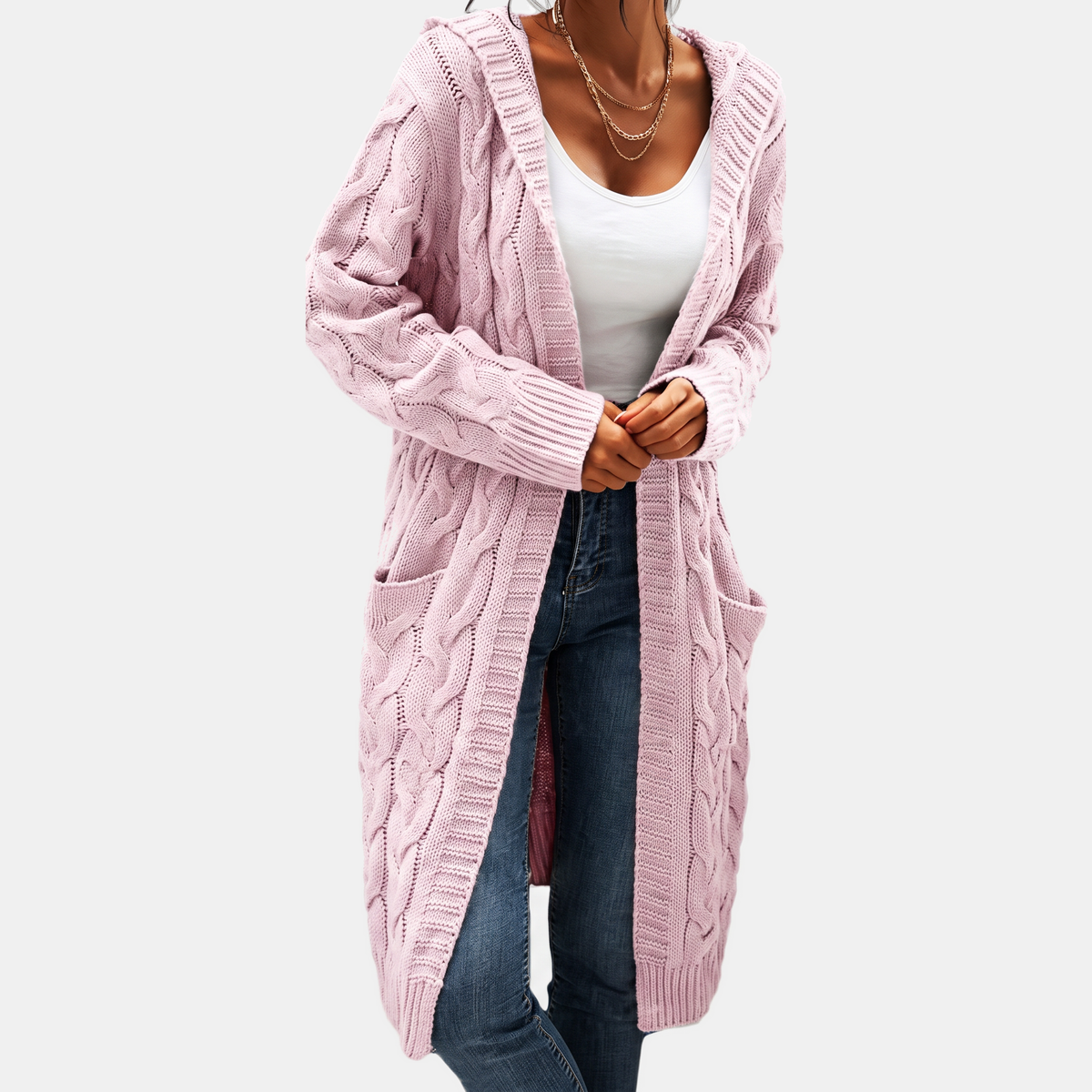 Women's Hooded Cable Knit Open Front Cardigan Sweater