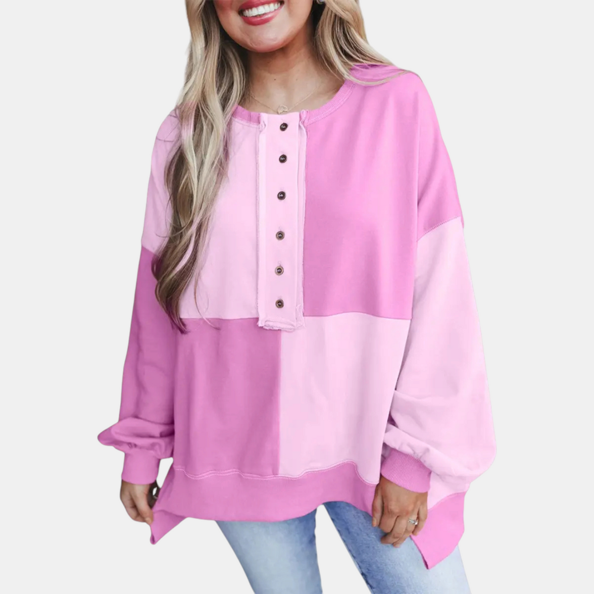 Women's Oversized Half Button Placket Colour Block Sweatshirt