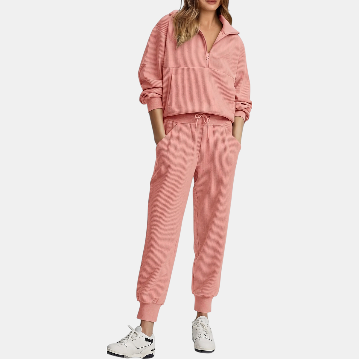 Women's Half Zip Ribbed Knit Lounge Set Pullover and Jogger Pants