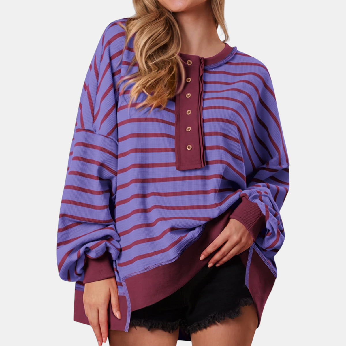 Women's Oversized Waffle Knit Henley Button Front Sweater