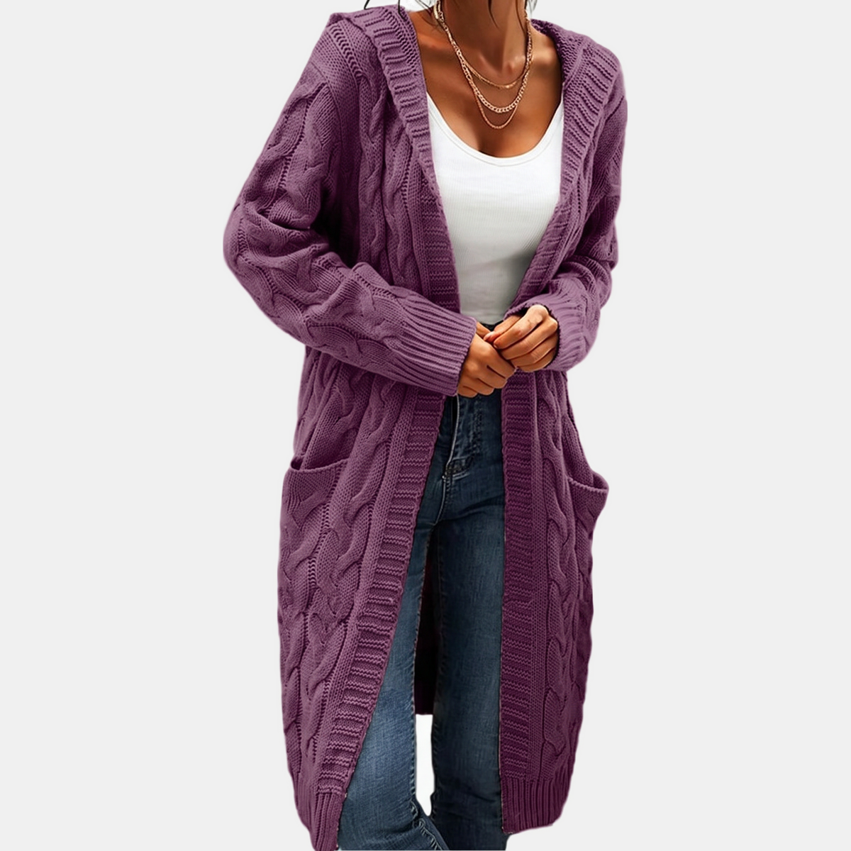 Women's Hooded Cable Knit Open Front Cardigan Sweater