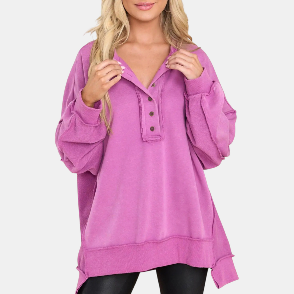 Women's Oversized Button Henley Sweatshirt with High Low Hem