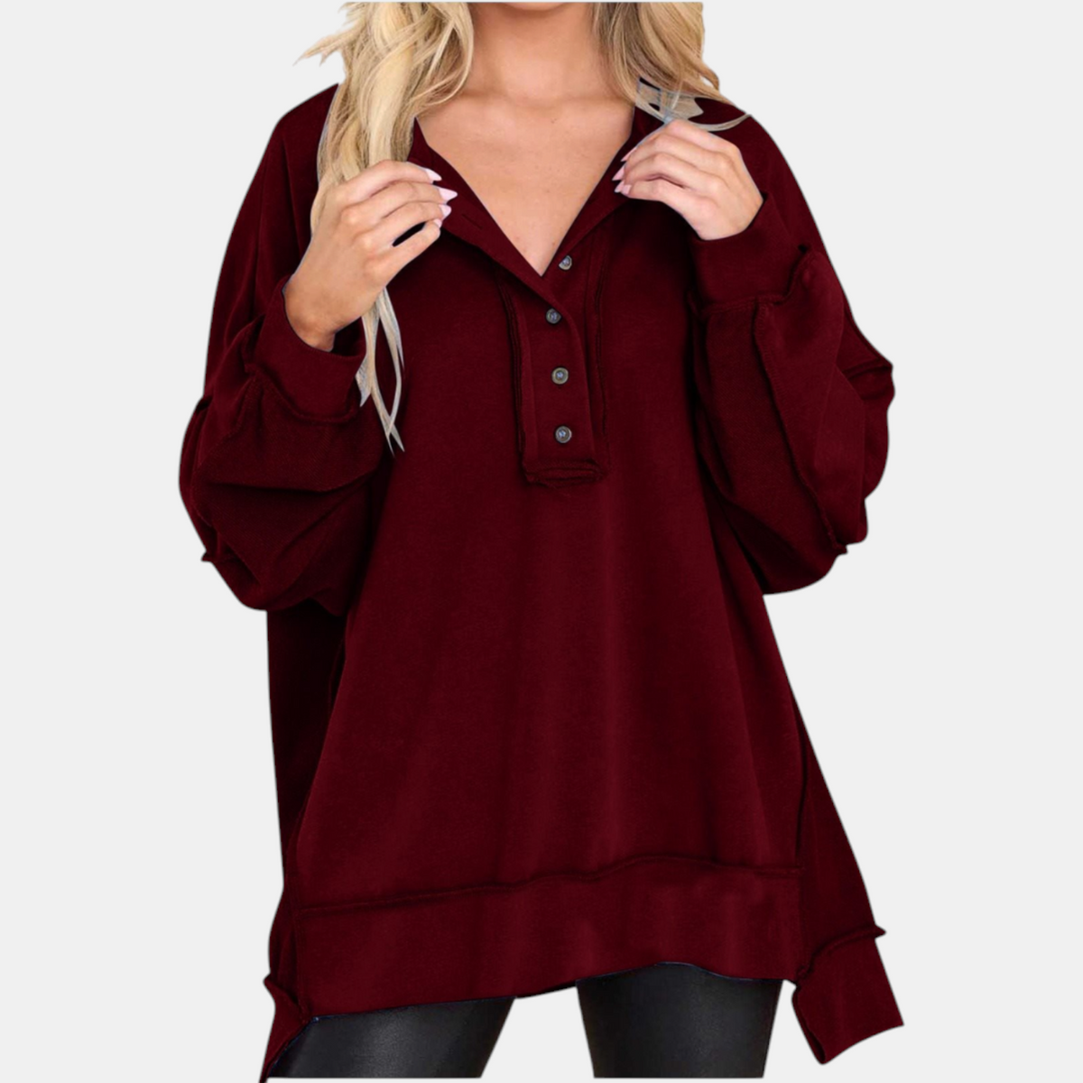 Women's Oversized Button Henley Sweatshirt with High Low Hem
