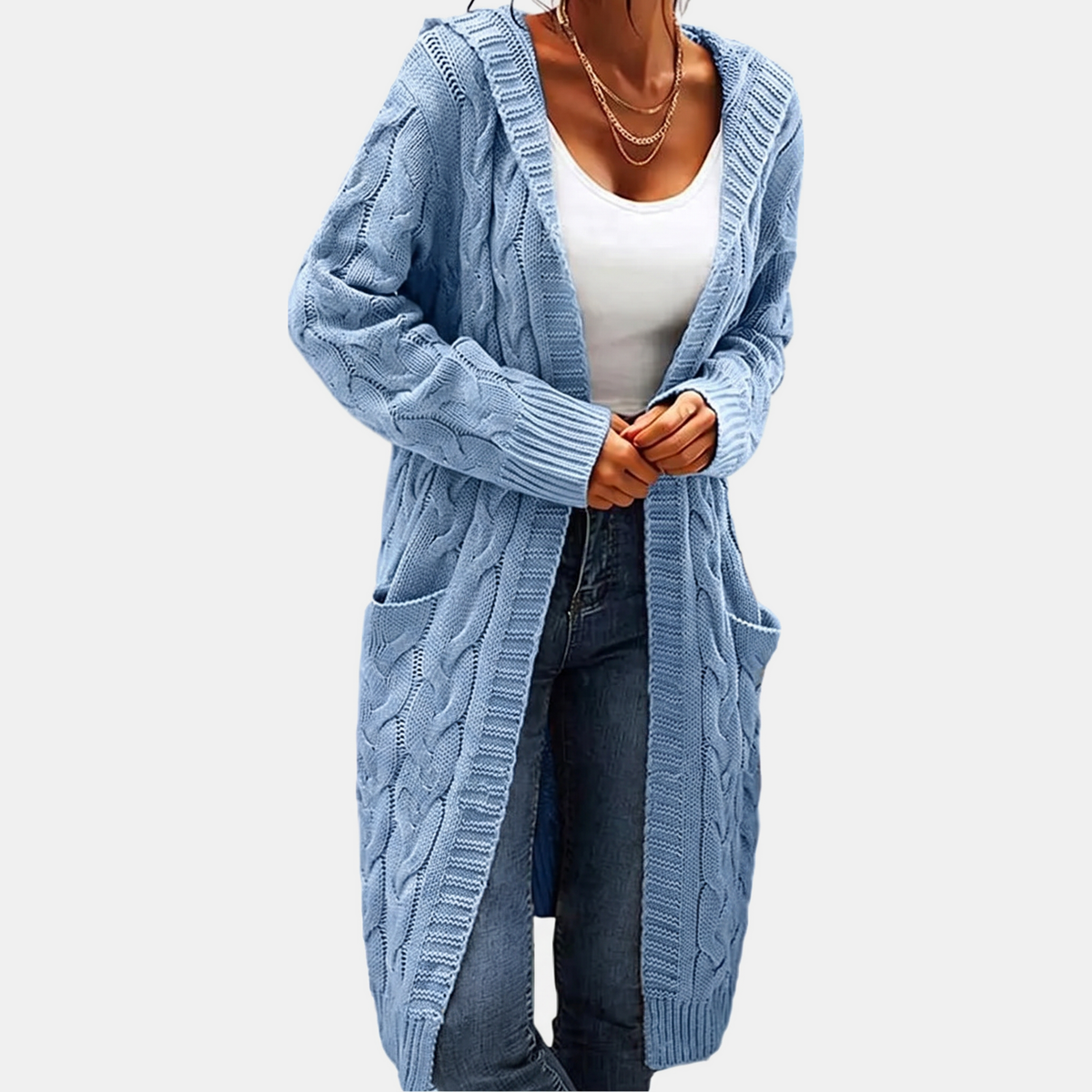 Women's Hooded Cable Knit Open Front Cardigan Sweater