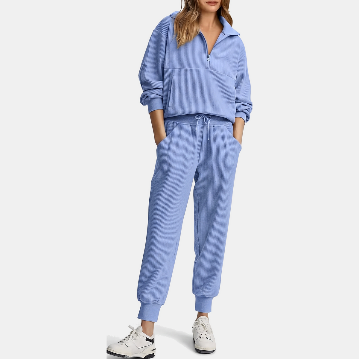 Women's Half Zip Ribbed Knit Lounge Set Pullover and Jogger Pants