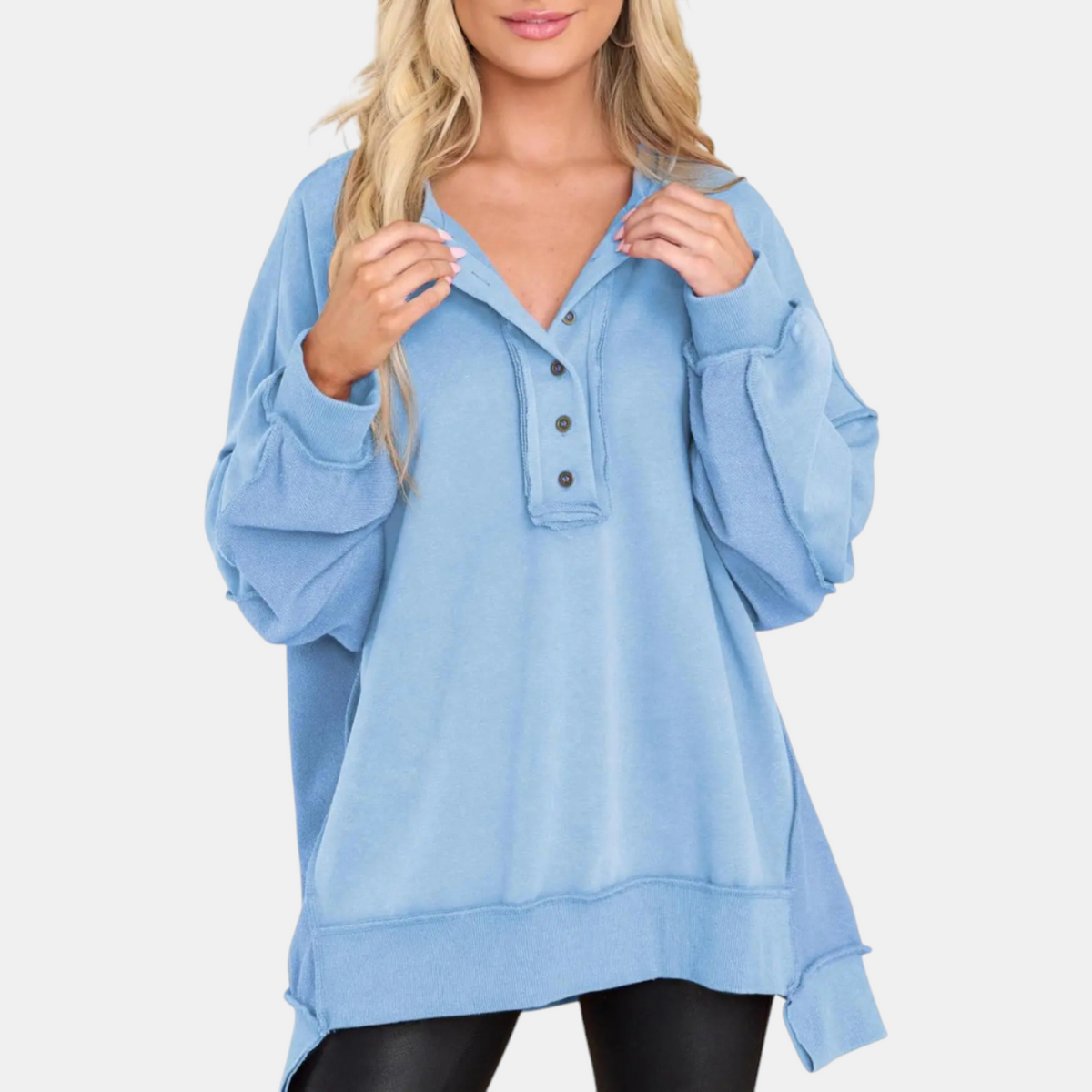 Women's Oversized Button Henley Sweatshirt with High Low Hem
