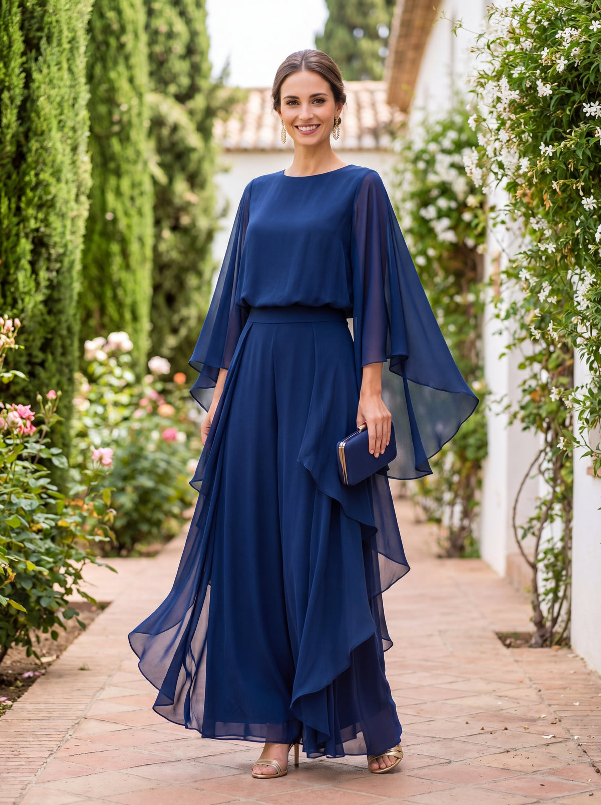 Lenorah | Cape-Sleeve Chiffon Two-Piece Set