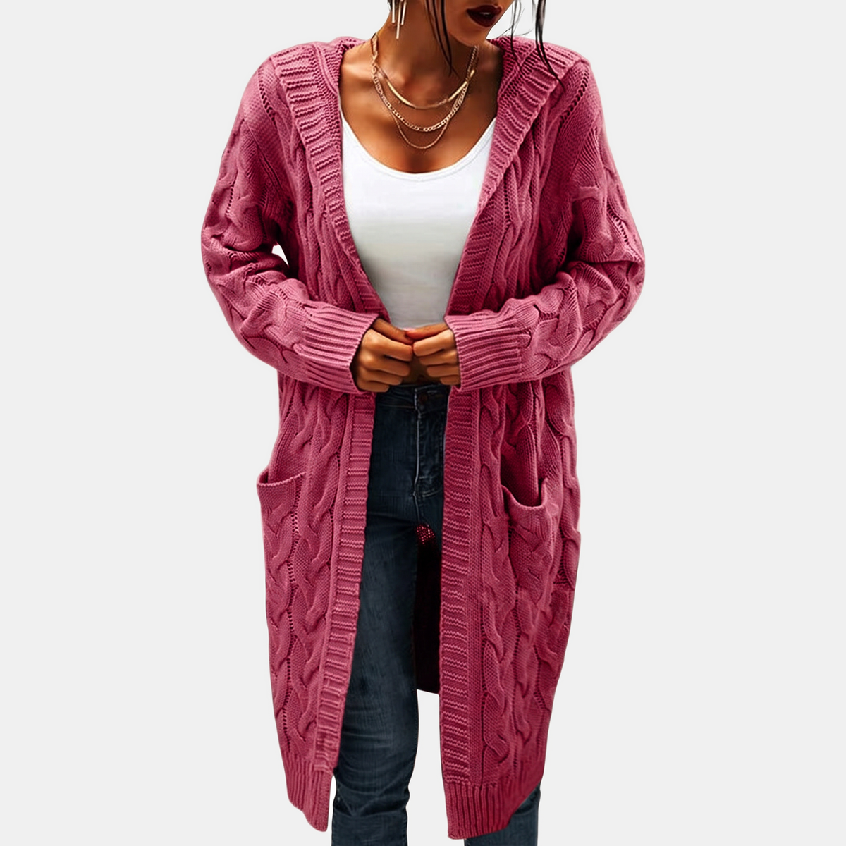 Women's Hooded Cable Knit Open Front Cardigan Sweater