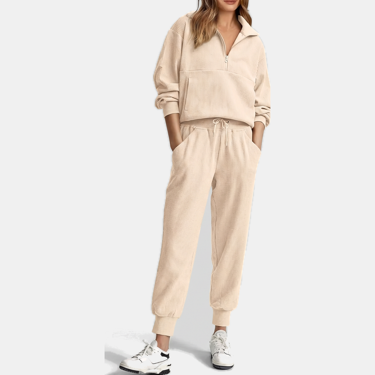 Women's Half Zip Ribbed Knit Lounge Set Pullover and Jogger Pants