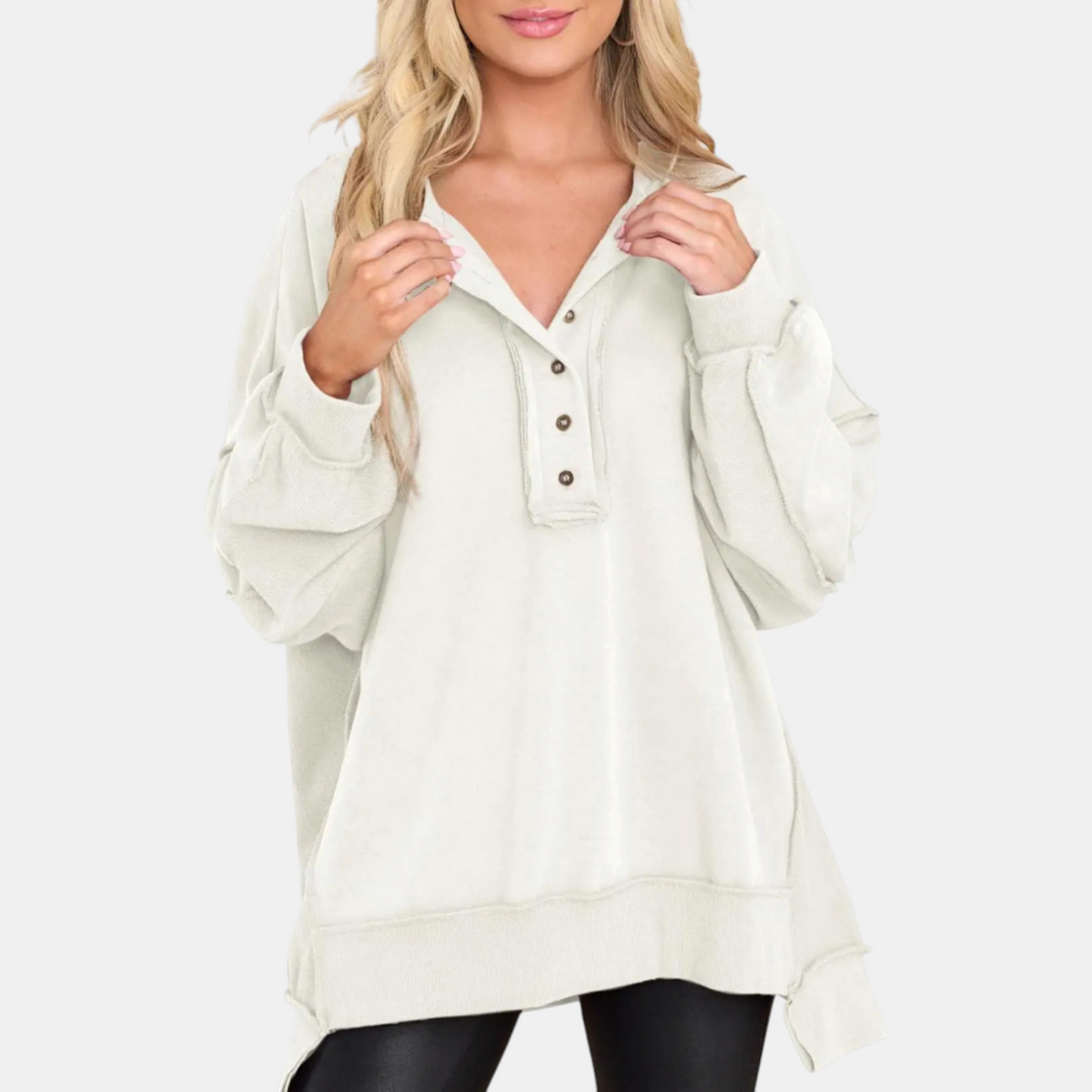 Women's Oversized Button Henley Sweatshirt with High Low Hem
