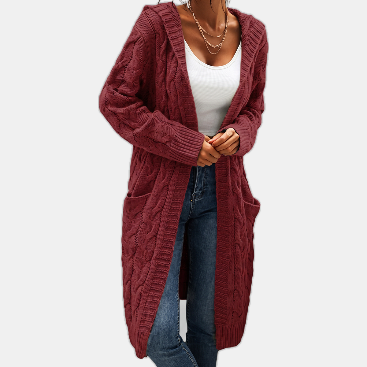 Women's Hooded Cable Knit Open Front Cardigan Sweater