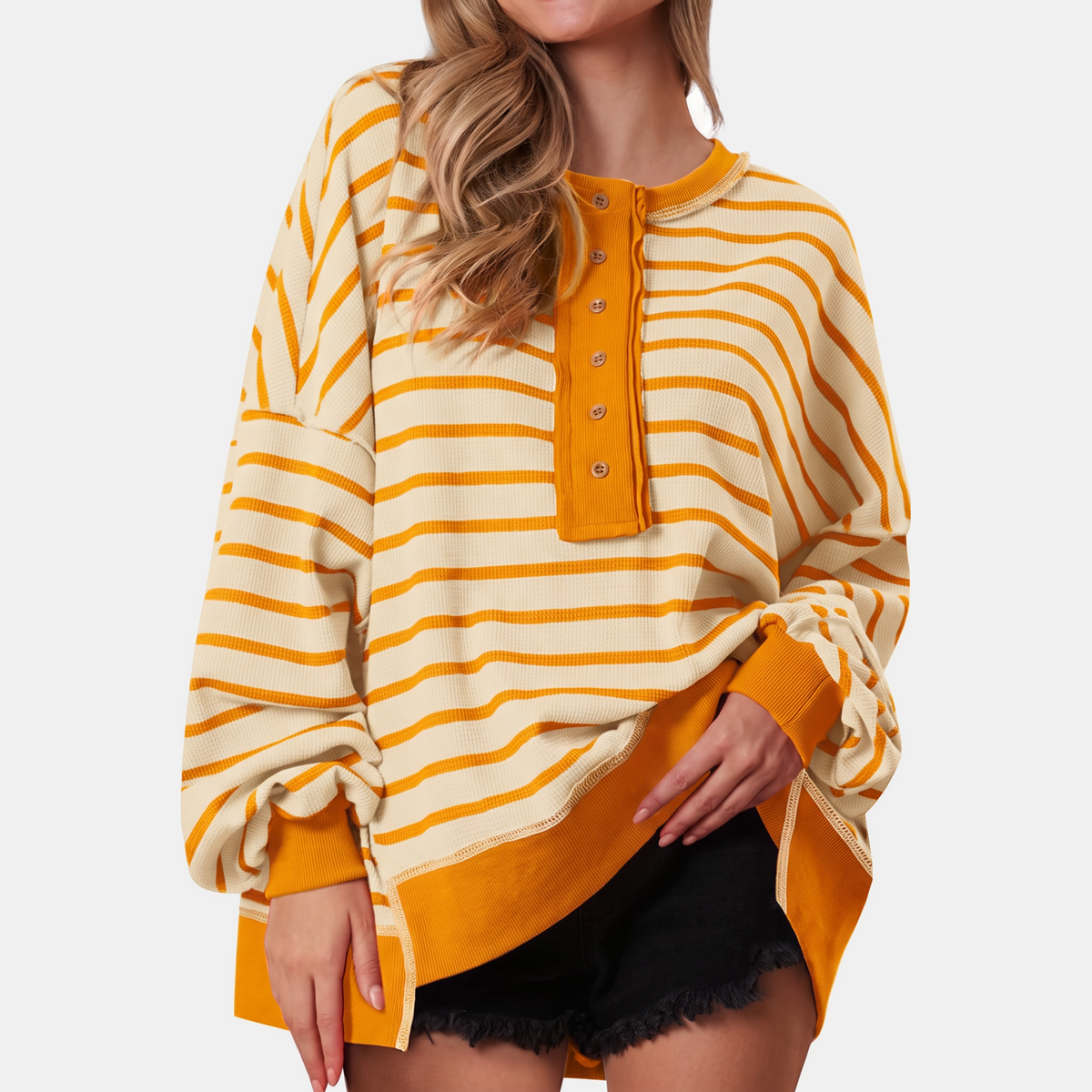 Women's Oversized Waffle Knit Henley Button Front Sweater