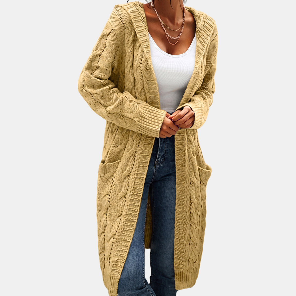 Women's Hooded Cable Knit Open Front Cardigan Sweater